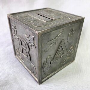 Décor | 🇭🇰 Vintage Pewter Coin Bank, Alphabet Block, Nursery, Made in Hong Kong
